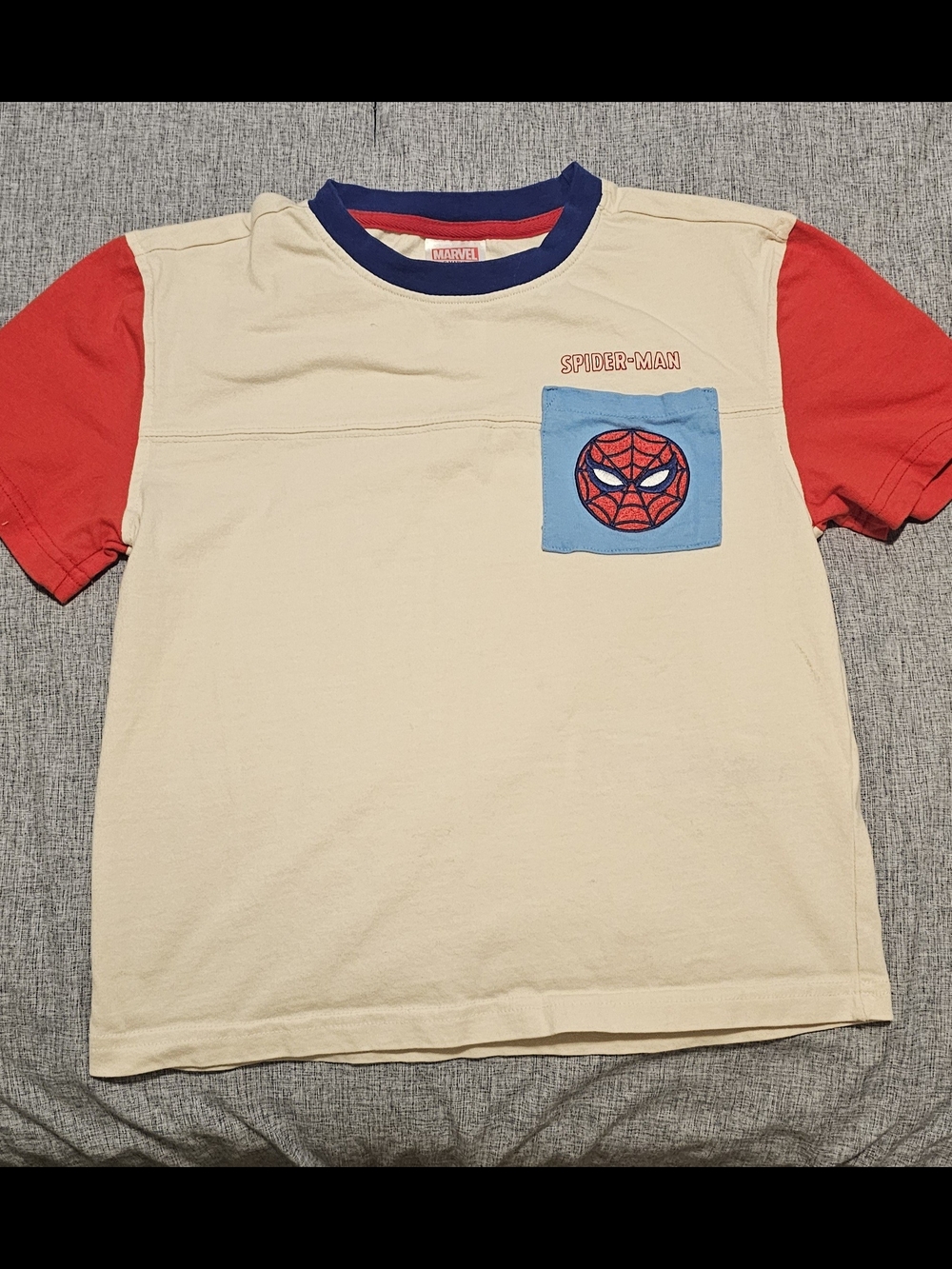 Marvel Spider-Man Cream Tee with Red Sleeves and Blue Pocket